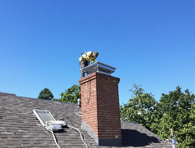 Ledyard Chimney Sweep technician measuring a chimney cap in Ledyard, CT